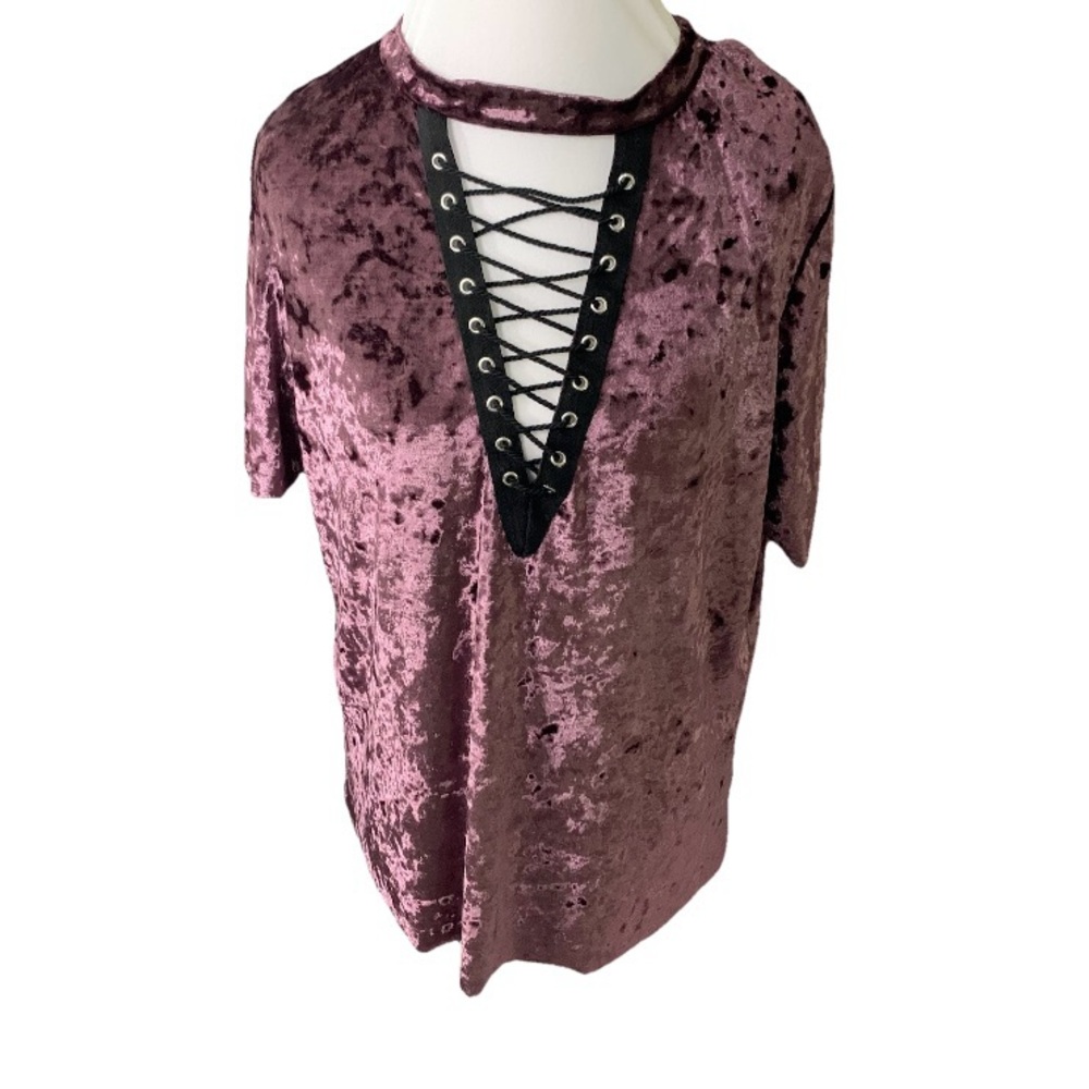 Almost Famous Crushed‎ Velvet Top Purple M Lace Up Goth Whimsygoth Renaissance